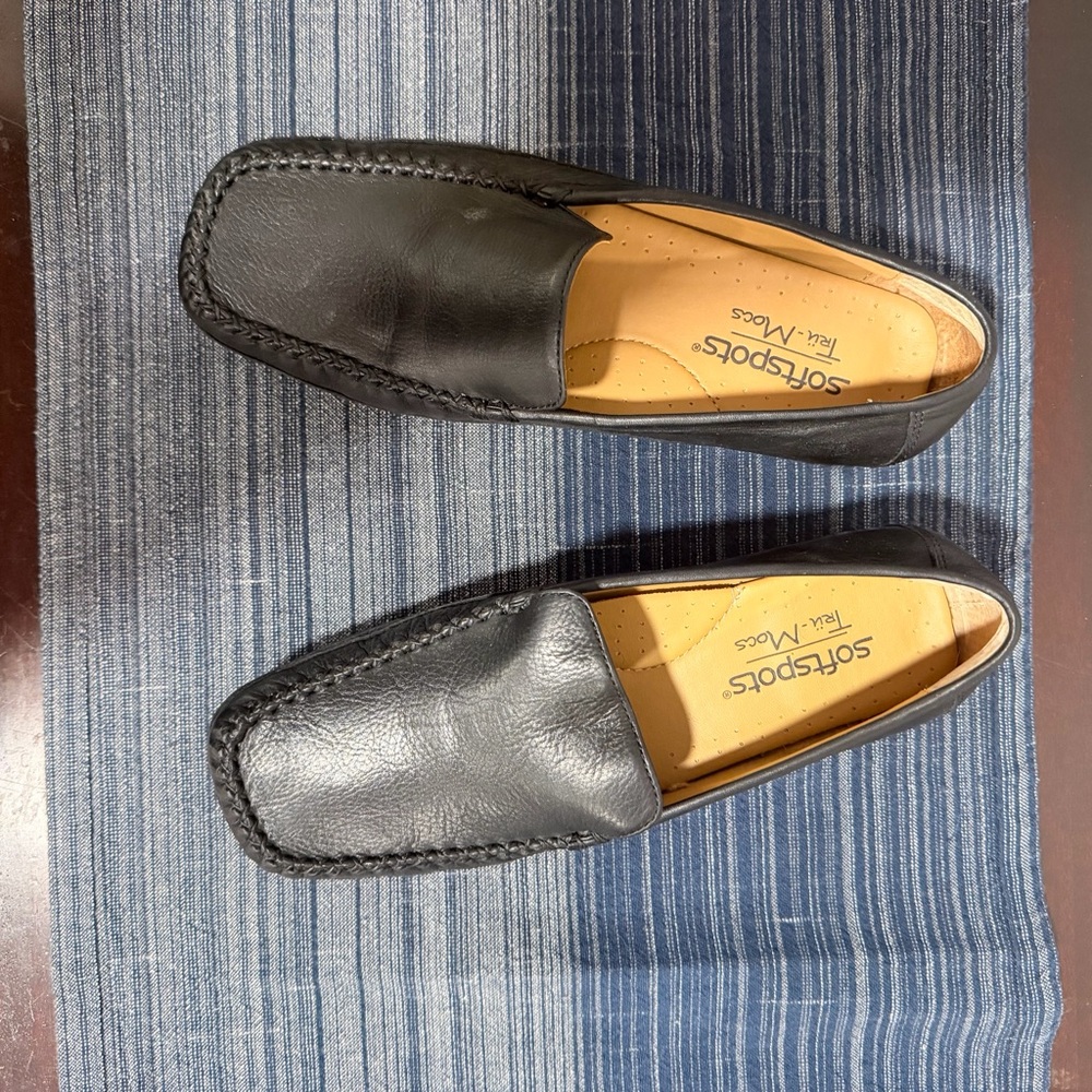 Softspots Black Leather Moc Toe Slip-Ons
